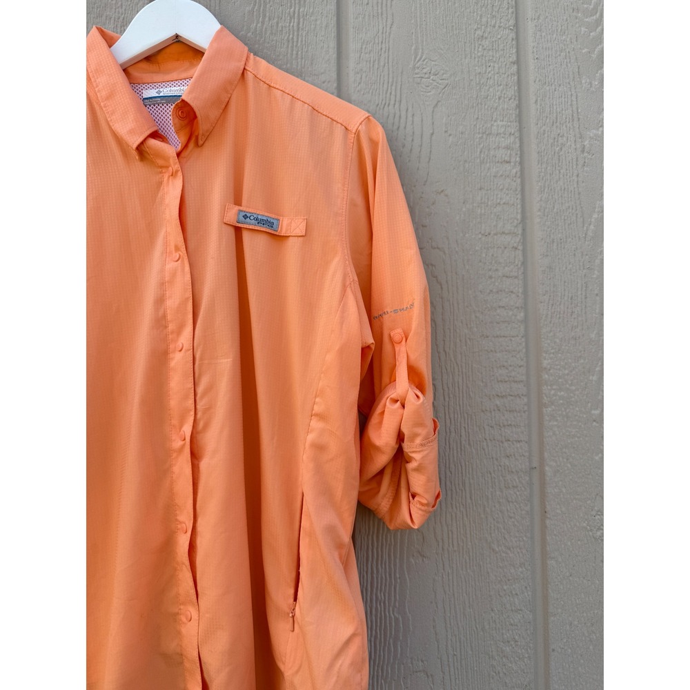 Columbia Large PFG Fishing Shirt Outdoor Coral Polyester Roll Tab Sleeve
